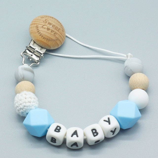 Personalized Name Silicone and Wood Pacifier Clips for Kids